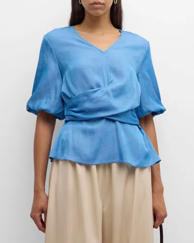 Misook Woven Crossover Puff-sleeve Blouse In Adriatic Blue
