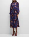 Misook Long Sleeve Woven Maxi Dress In Starry Night Blue/sangria/ Goldenwood/cornflower Blue/parchment