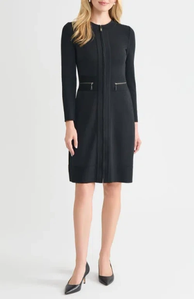 Misook Zip Front Long Sleeve Knit Sheath Dress In Black