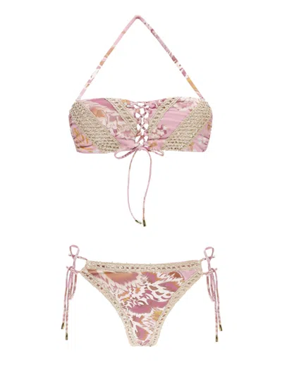 Miss Bikini Bandeau Bikini With Intricate Lace And Floral Pattern In Pink