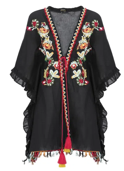 Miss Bikini Black Floral Embroidered Cotton Poncho