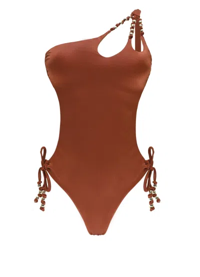 Miss Bikini Brown One Shoulder Beads Monokini In Multi