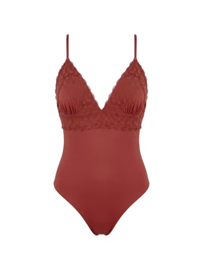 Miss Bikini Crochet Floral-trim Swimsuit In Brown