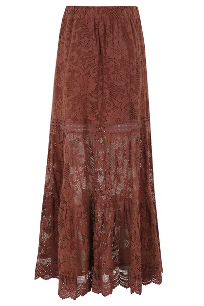 Miss Bikini Flared Long Lace Skirt With Scalloped Hem In Brown