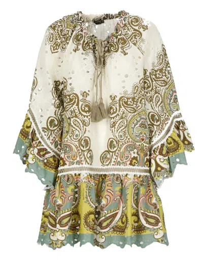 Miss Bikini Ivory Cotton Caftan With Floral Perforations In Multi