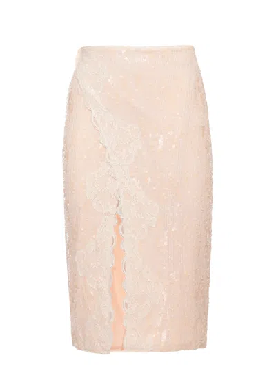Miss Bikini Knee-length Midi Skirt With All-over Sequins And Lace Accents In Neutral