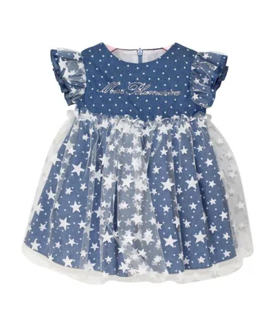 Miss Blumarine Abito Baby Girl Blu In Denim Di Cotone Stampato In Blue