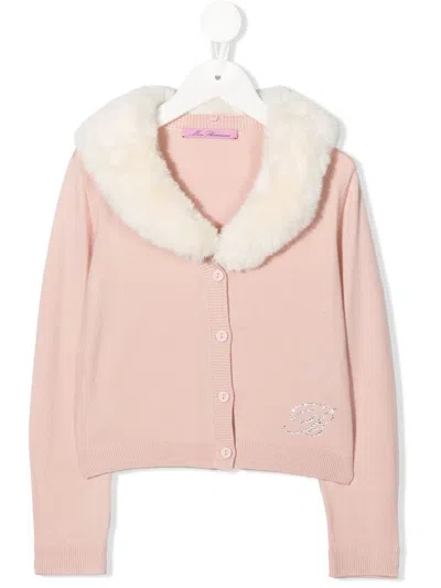 Miss Blumarine Cardiganl Faux Fur Collar In Pink