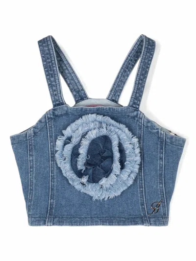 Miss Blumarine Kids' Floral-appliqué Denim Cropped Top In Blue