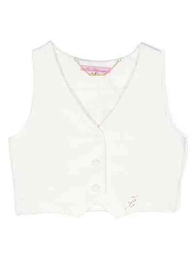 Miss Blumarine Kids' Logo-plaque V-neck Gilet In Bianco
