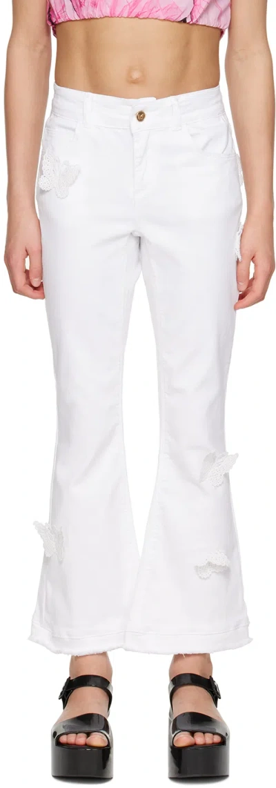 Miss Blumarine Kids White Appliqué Jeans In 10602 Snow White