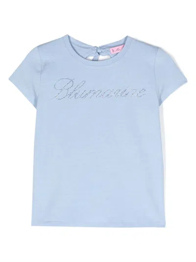 Miss Blumarine Kids' Light Blue T-shirt With Rhinestone Logo And Ruffle Detail