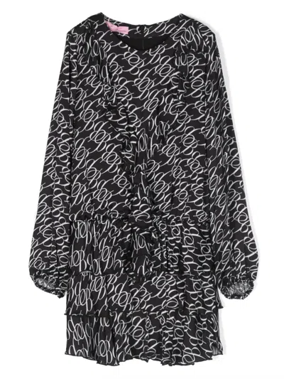 Miss Blumarine Kids' Logo-print Ruffled-detail Midi Dress In Black