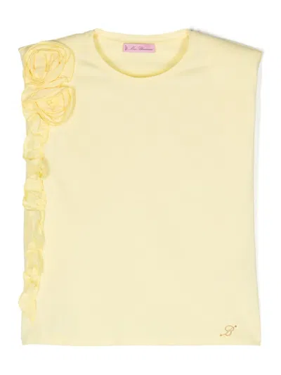 Miss Blumarine Kids' Pastel Yellow T-shirt With Flowers And Ruffles In Giallo