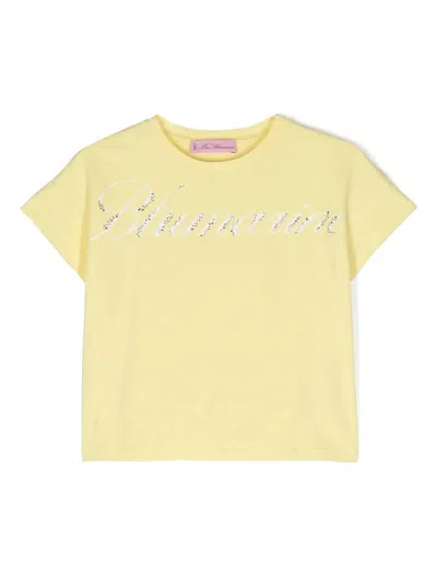 Miss Blumarine Kids' Pastel Yellow T-shirt With Logo Print With Rhinestones