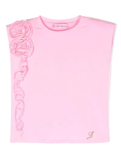 Miss Blumarine Kids' Pink T-shirt With Flowers And Ruffles In Rosa