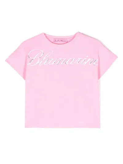 Miss Blumarine Kids' Pink T-shirt With Logo Print With Rhinestones