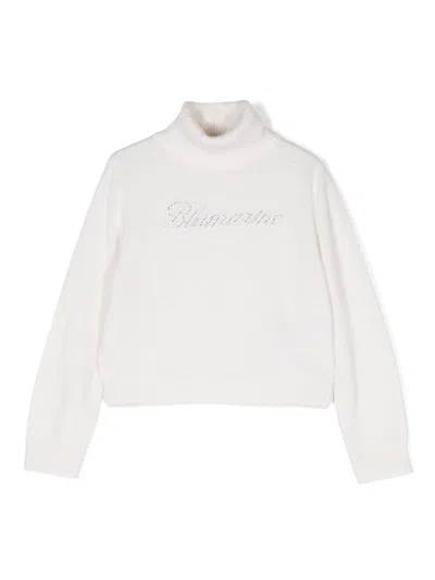 Miss Blumarine Kids' Rhinestone-logo Sweater In Neutrals