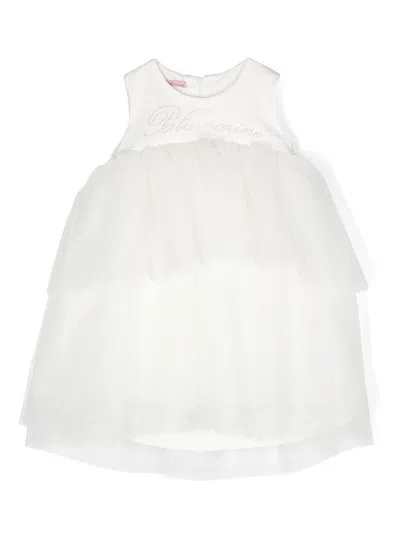 Miss Blumarine Kids' Sequin-logo Layered Tulle Dress In White