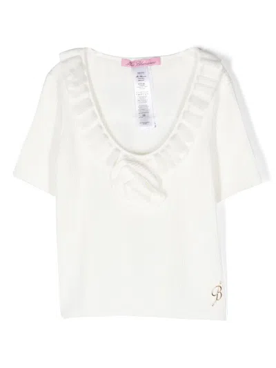 Miss Blumarine Kids' Floral-appliqué Ribbed Blouse In White