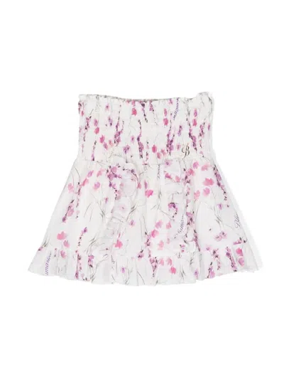 Miss Blumarine Kids' Floral-print Smocked Cotton Skirt In White