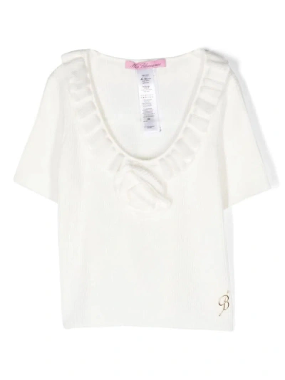 Miss Blumarine Kids' White Ribbed T-shirt With Ruffles In Bianco