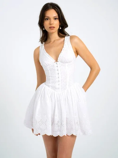 Miss Circle Aaliyah Eyelet Plunging Halter Drop Waist Mini Dress In White