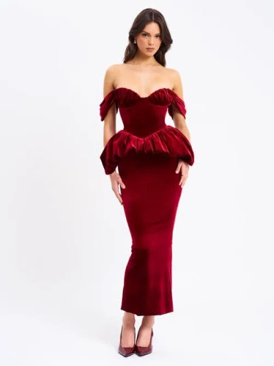 Miss Circle Women Abigail Velvet Off Shoulder Bubble Hem Peplum Maxi Dress In Red