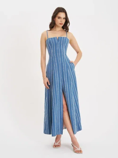 Miss Circle Abygail Stripe Cotton Denim Maxi Dress In Blue