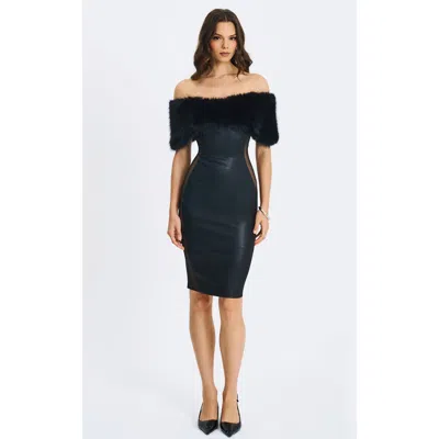 Miss Circle Bellis Faux Fur Trim Mesh Panel Off-shoulder Midi Dress In Black