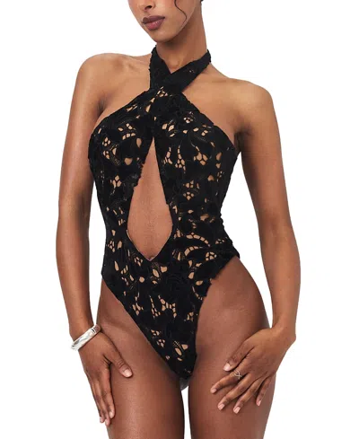 Miss Circle Breanna Velvet Lace Crossover Halter Swimsuit In Pink