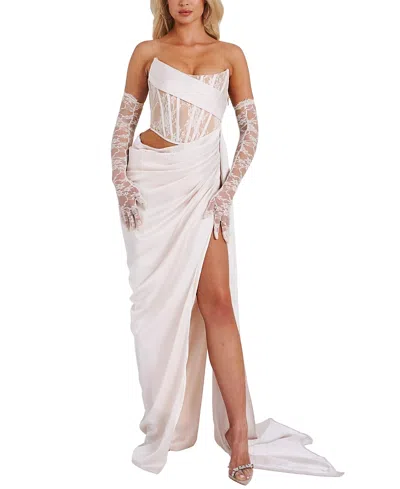Miss Circle Callie Corset Draping High Slit Gown In White