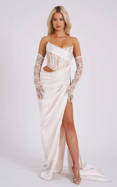 Miss Circle Calliee High Slit Drapping Satin Corset Evening Gown In White