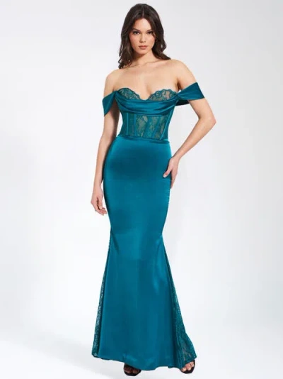Miss Circle Women Callista Teal Satin Lace Corset Maxi Dress In Blue