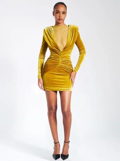 Miss Circle Women Carey Gold Velvet Long Sleeve Mini Dress In Yellow