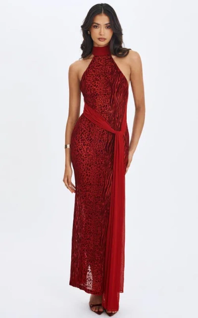 Miss Circle Cerise Burnout Velvet Multiwear Mesh Ribbon Maxi Dress In Red