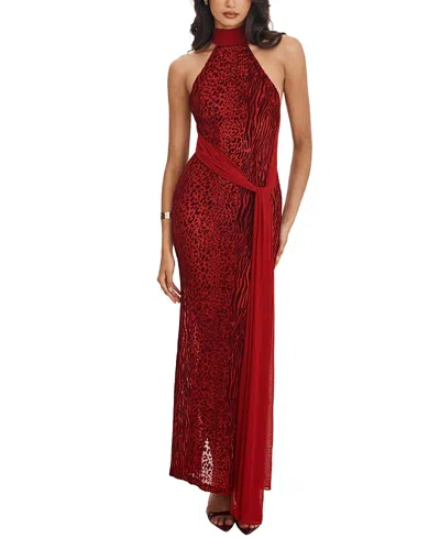 Miss Circle Cerise Burnout Velvet Multiwear Mesh Ribbon Maxi Dress In Red