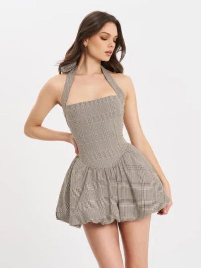 Miss Circle Dacia Plaid Halter Lace-up Bubble Mini Dress In Gray