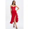 Miss Circle Dahlina Ruched Waist High Slit Maxi Dress In Red