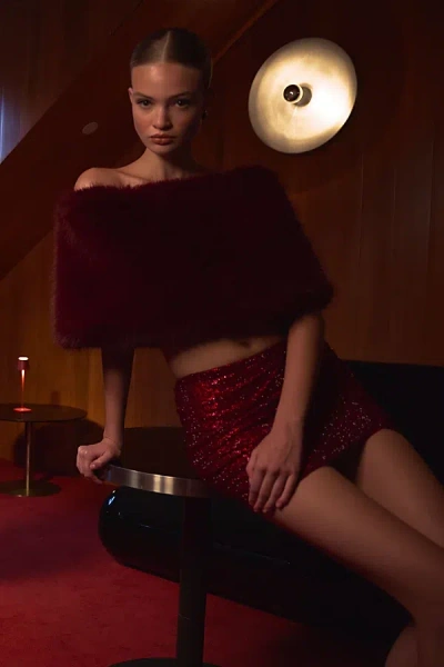 Miss Circle Darla Faux Fur Off-shoulder Cropped Top In Burgundy, Women's At Urban Outfitters