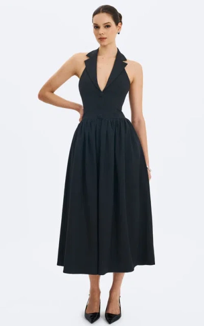 Miss Circle Delaney Lapel Halter Midi A-line Dress In Black