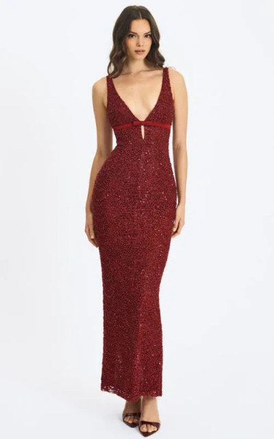 Miss Circle Elora Sequin Beaded Keyhole Maxi Dress In Red