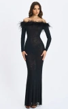 Miss Circle Emberly Fur Trimmed Off-shoulder Rhinestone Mesh Mermaid Dress In Black