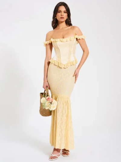 Miss Circle Ersilia Satin Lace Peplum Corset Off Shoulder Maxi Dress In Multi