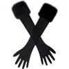 Miss Circle Eve Fur-trimmed Mesh Opera-length Gloves In Black