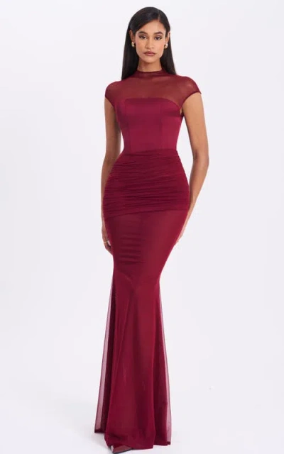 Miss Circle Fabienne Mesh Cap Sleeve Mermaid Gown In Burgundy
