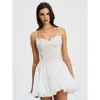 Miss Circle Fabiola Lace Trim Net Top Mini Flare Chiffon Dress In White