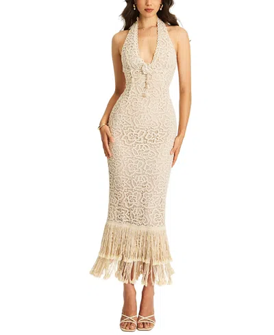 Miss Circle Women Faelyn Off-white Double Fringe Crochet Halter Maxi Dress In Gold