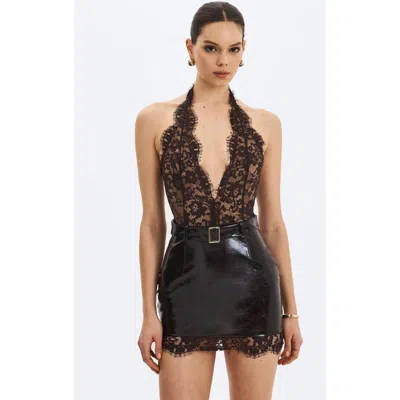 Miss Circle Faris Plunging Halter Belted Mini Dress In Brown