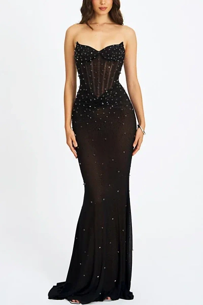 Miss Circle Fatima Crystal Corset Mesh Mermaid Maxi Dress In Black, Women's At Urban Outfitters